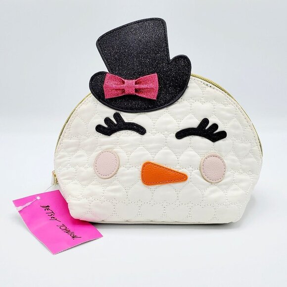 Betsey Johnson Happy Snowman Kitsch Cosmetic Bag with Quilted Hearts - Picture 2 of 9